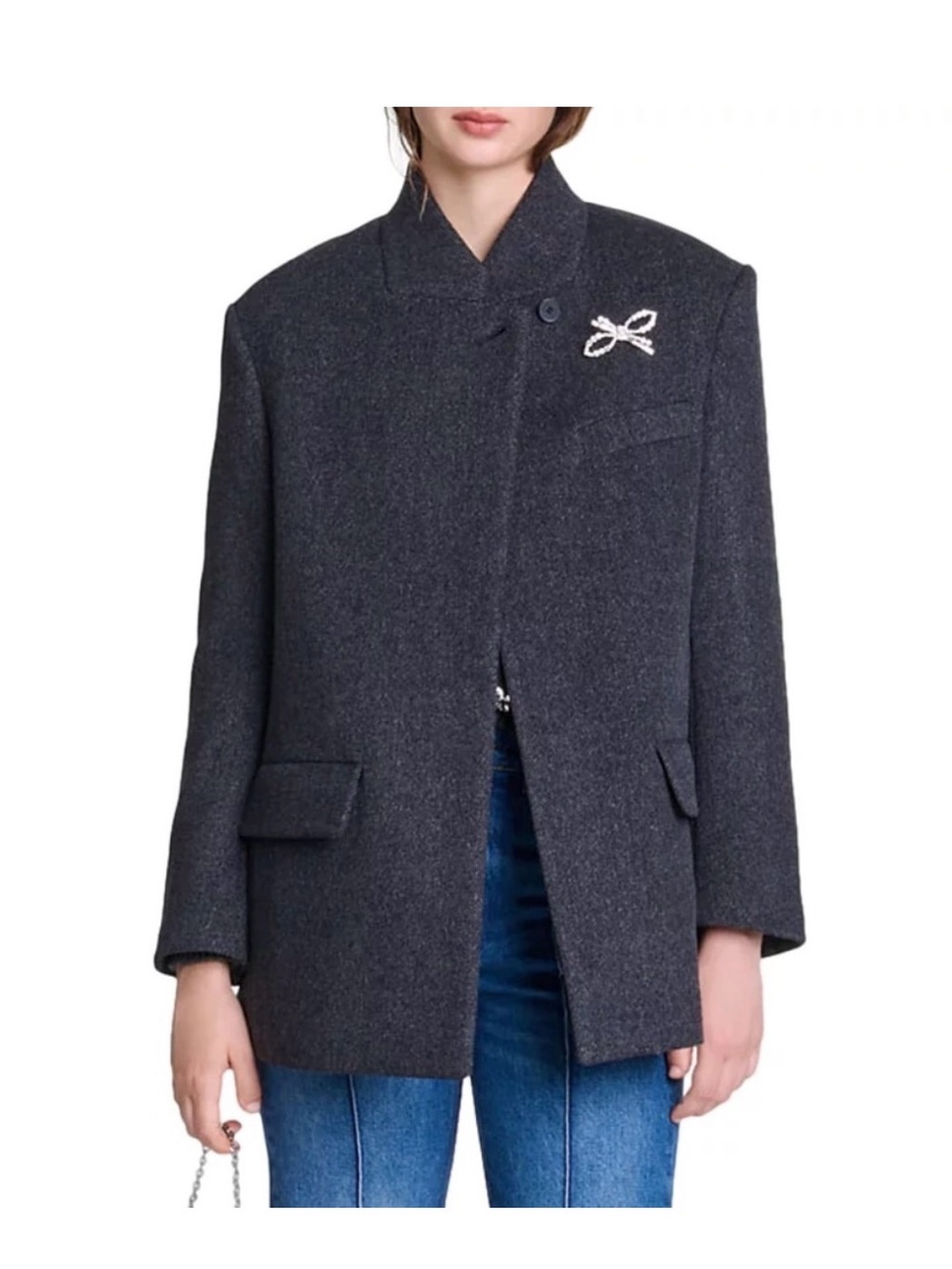 Maje Givala Jacket Women's Dark Gray Wool Blend Boxy Coat (no brooch)